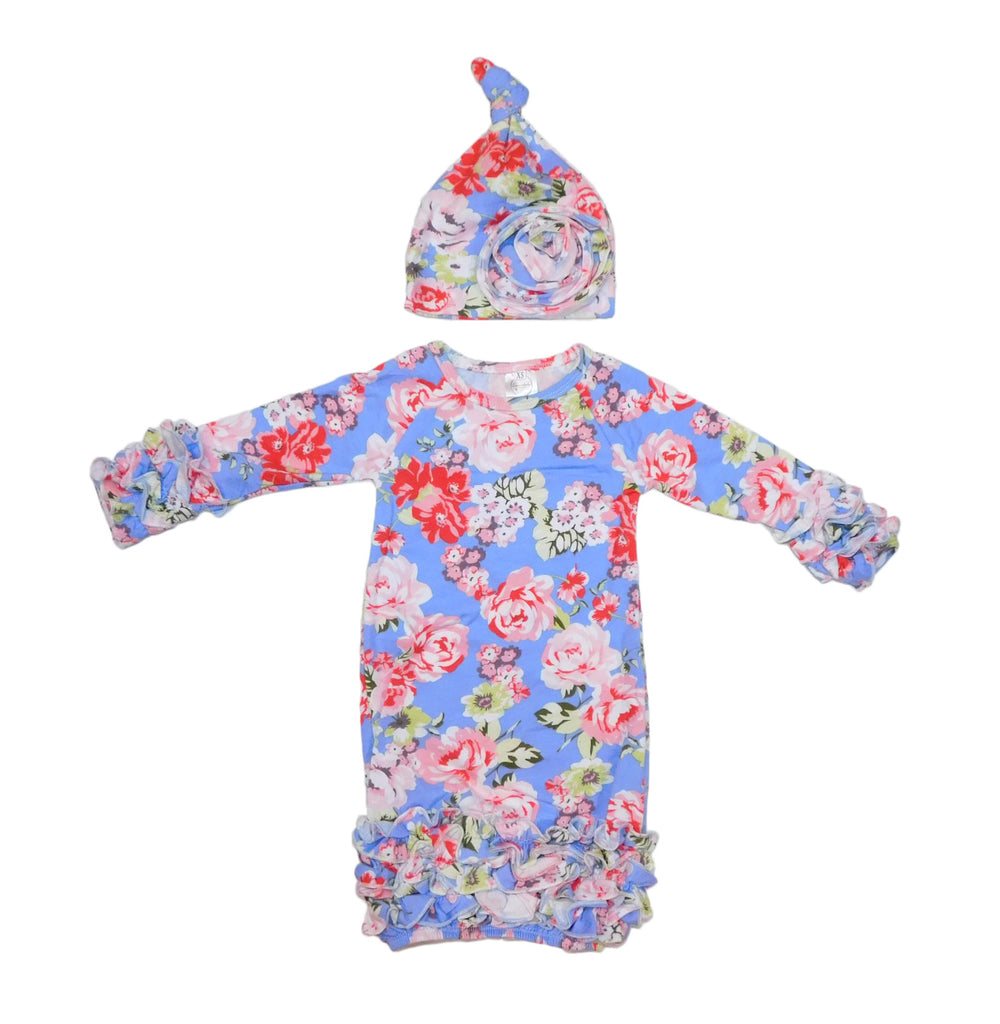 Blue and pink floral baby gown and hat set