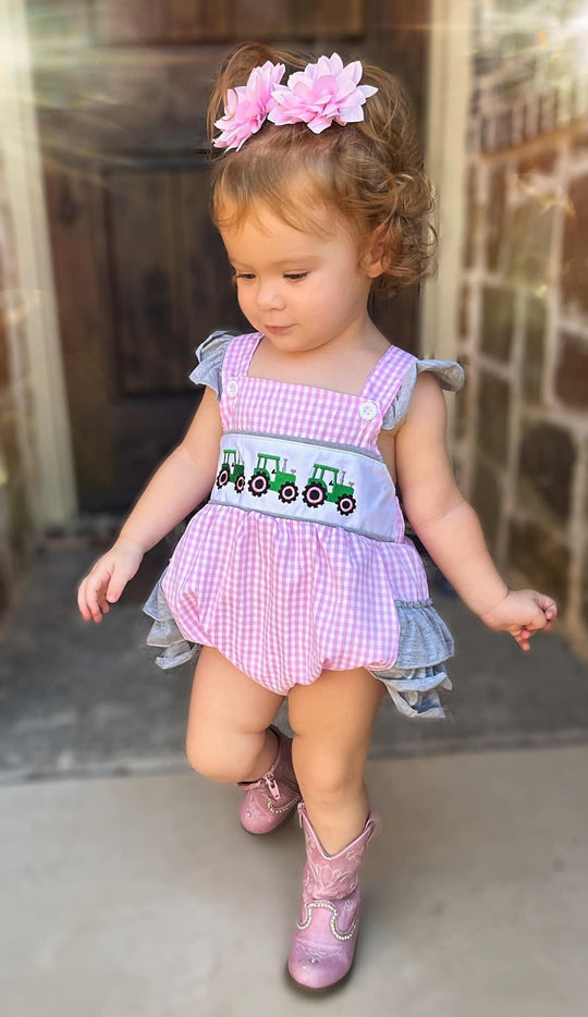 Pink farm tractor romper