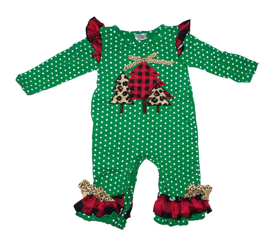 Green polka dot Christmas tree romper