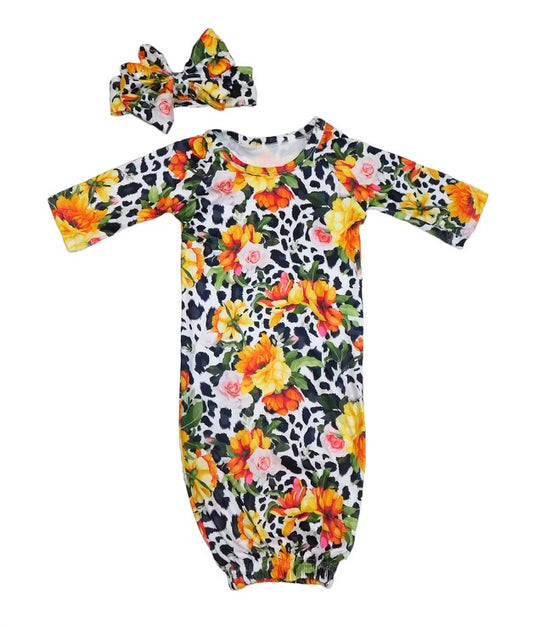 White leopard tropical baby gown and headband set