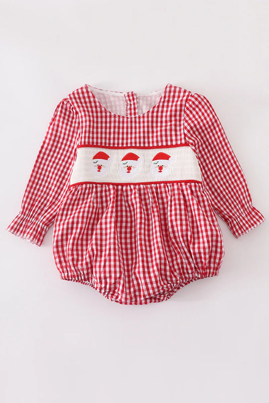 Smocked red plaid Santa romper