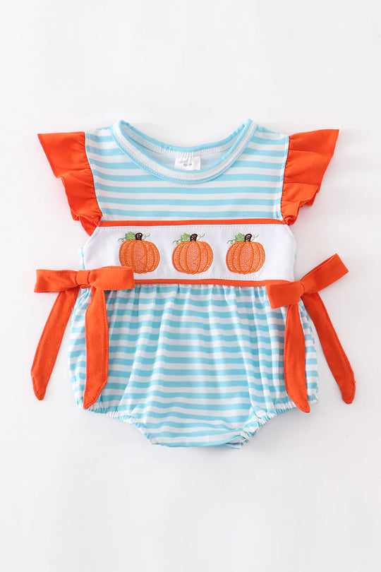 Blue stripe pumpkin embroidery romper