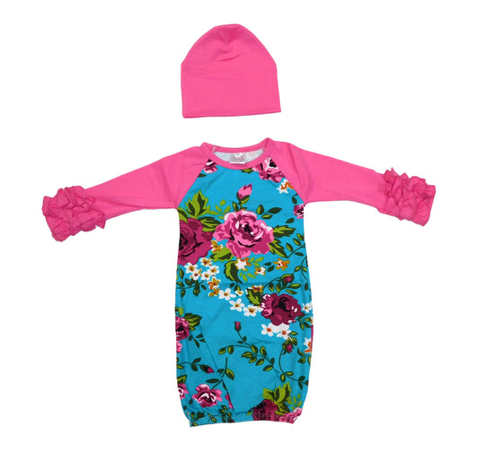 Blue and pink floral gown and hat