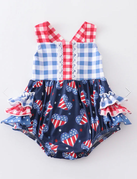 Navy plaid heart flag romper