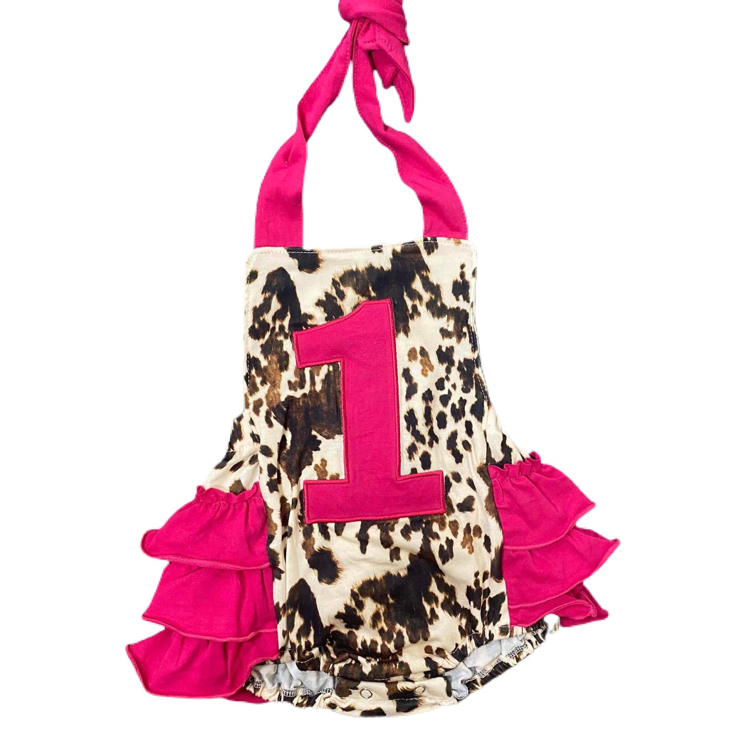 Brown cow and pink first birthday romper