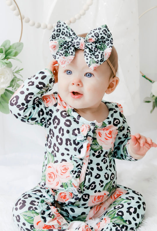 Green leopard floral footie sleeper