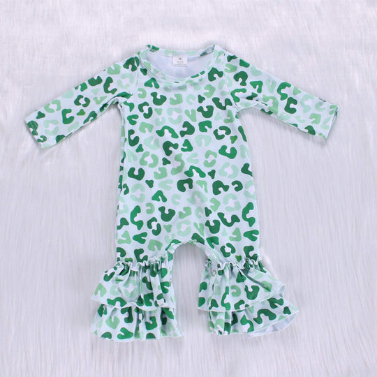 NB green leopard ruffle romper