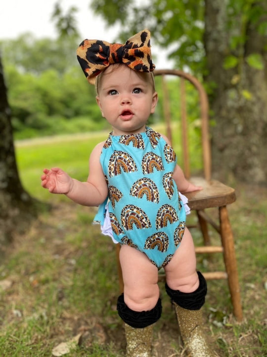 LBB Boho cow & leopard rainbow ruffle romper