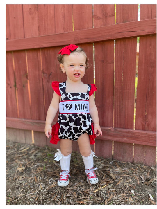 LBB exclusive I love mom black cowhide romper