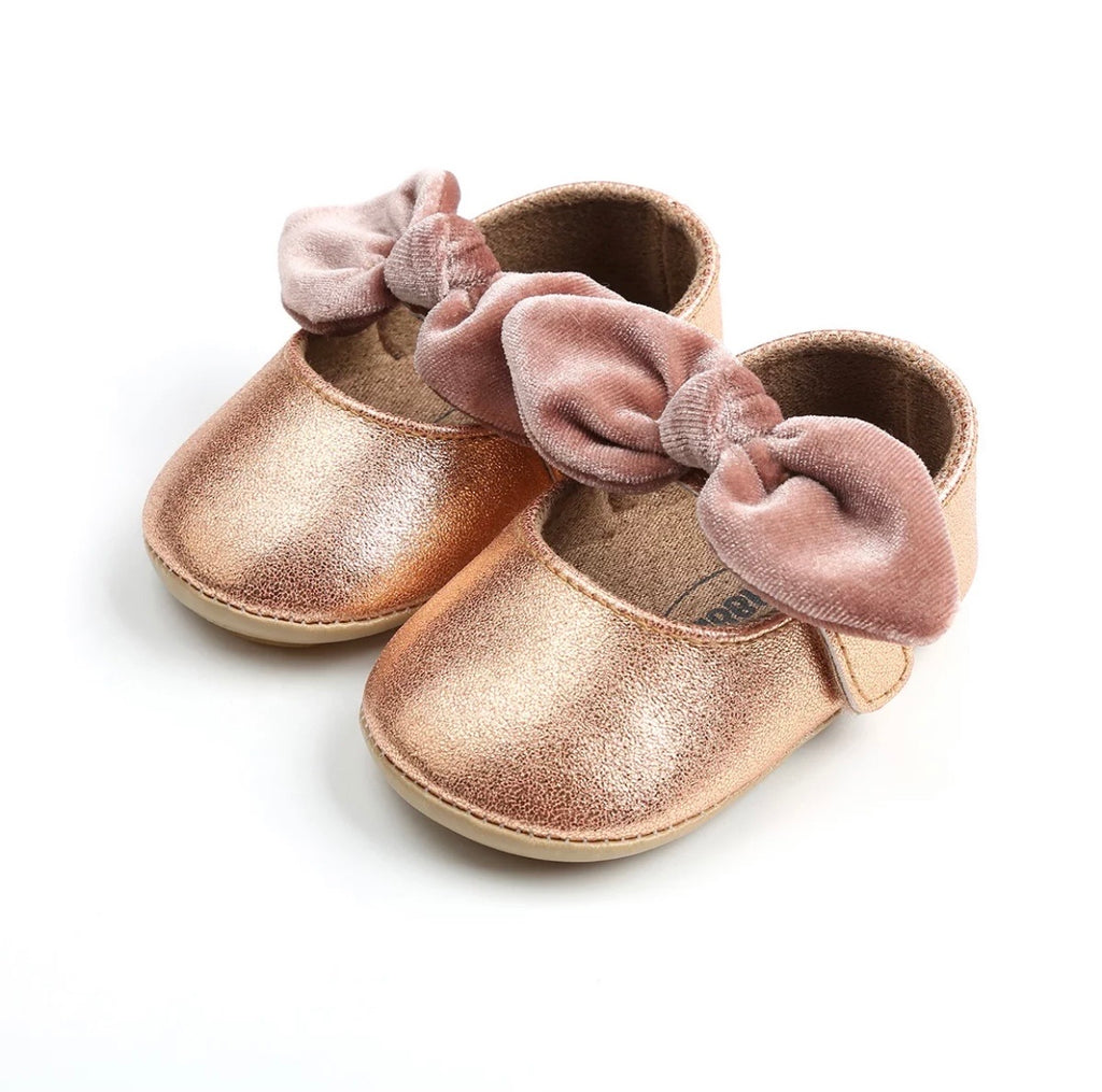 Rose gold shoes with velvet bow 0-6 Month