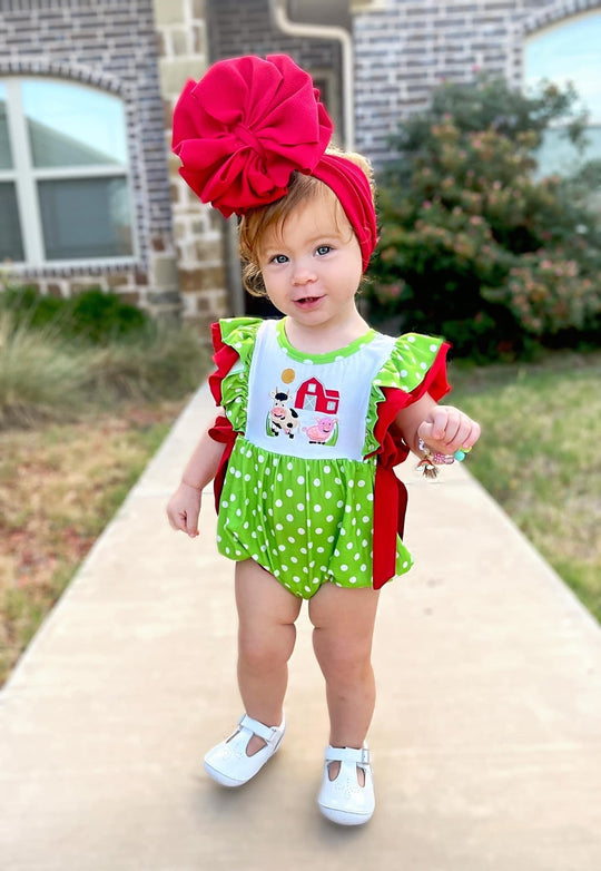 Green polka dot farm romper