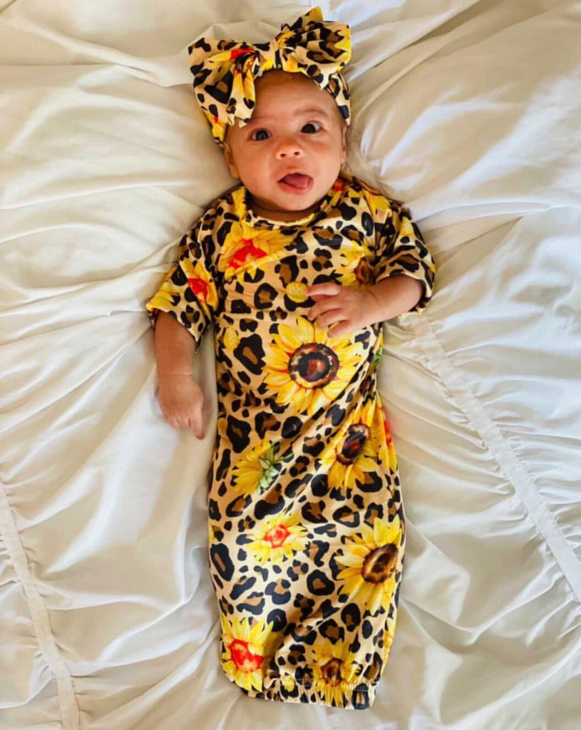 Leopard Sunflower Baby Gown and Headband