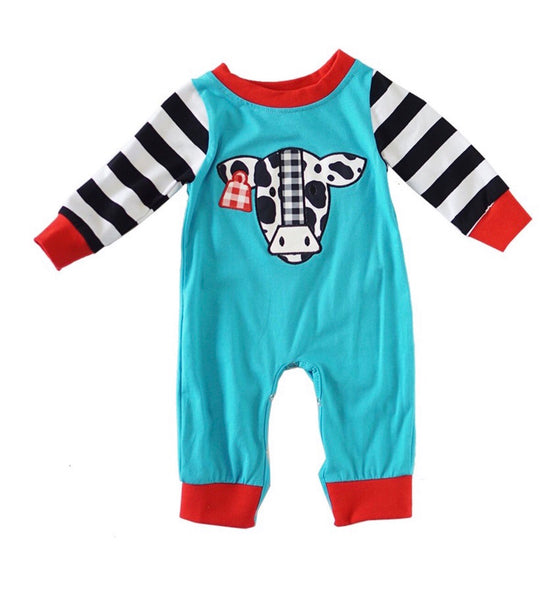 Baby boy cow appliqué stripe romper