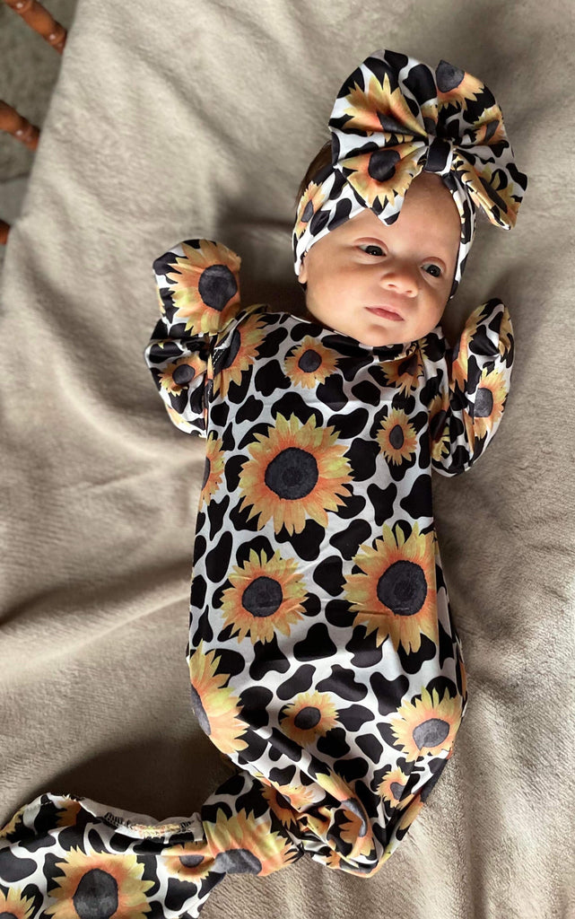 Cow sunflower knotted gown and headband set