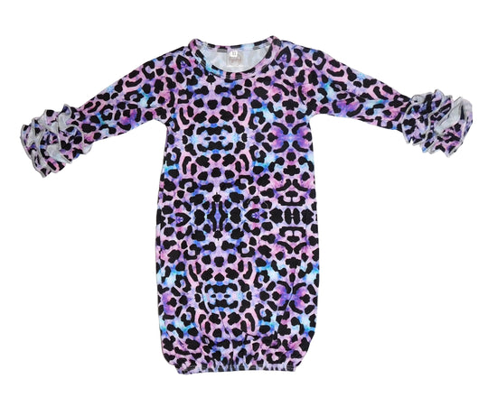 Exclusive purple tie dye leopard ruffle sleeve gown