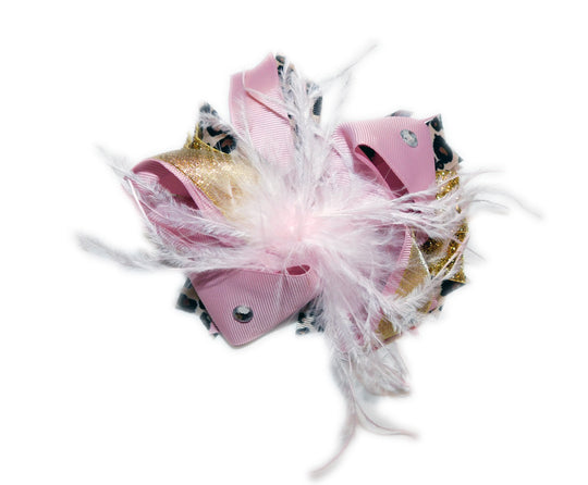 Pink and Gold Feather Bow Clip