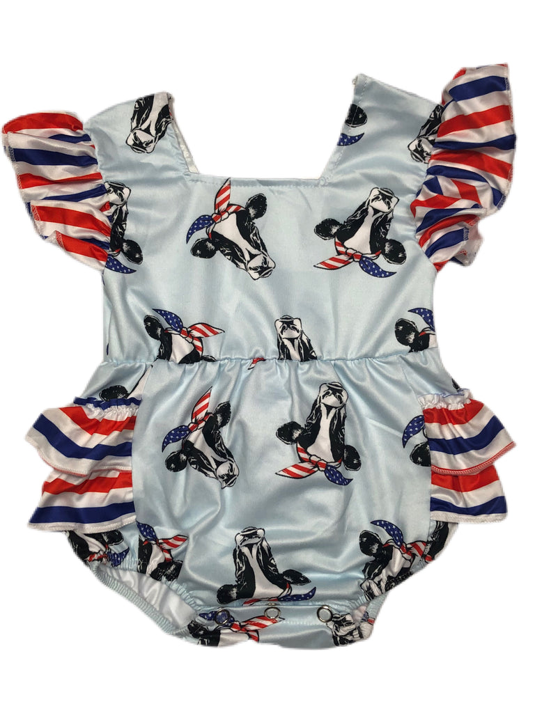 LBB exclusive Red white and blue cow ruffle romper