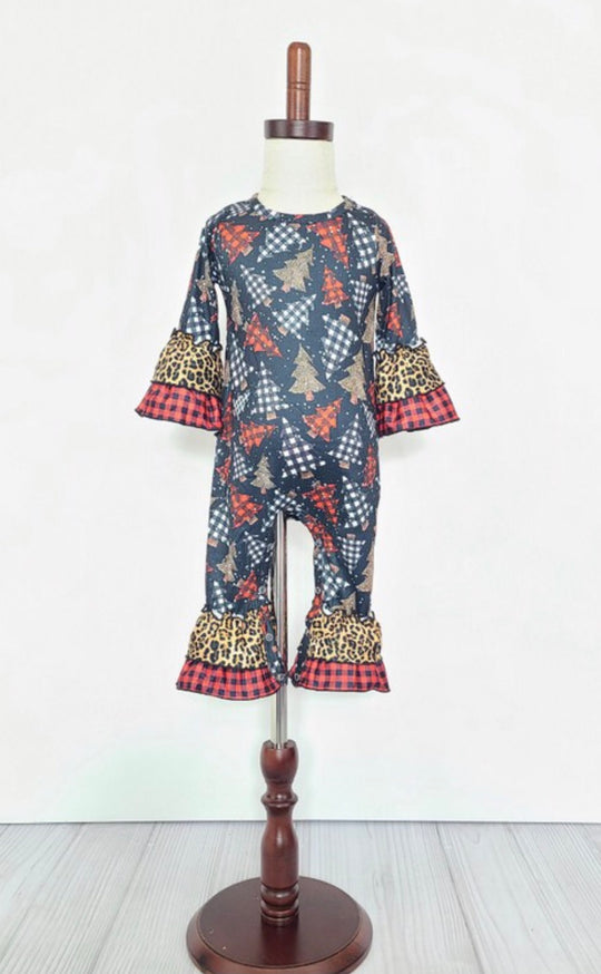 Clover cottage plaid leopard trees romper