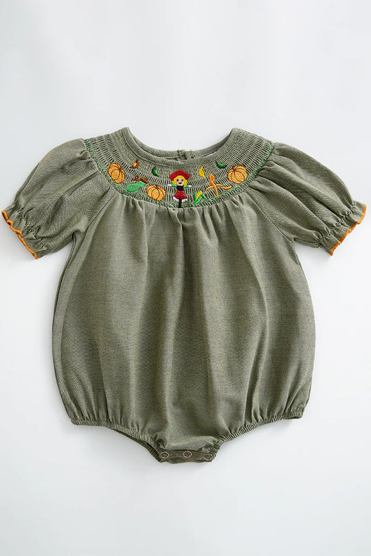 Smocked green scarecrow romper