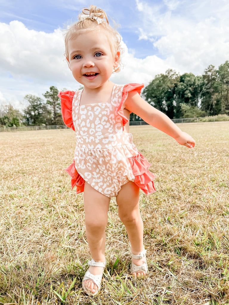 Leopard and coral ruffle romper