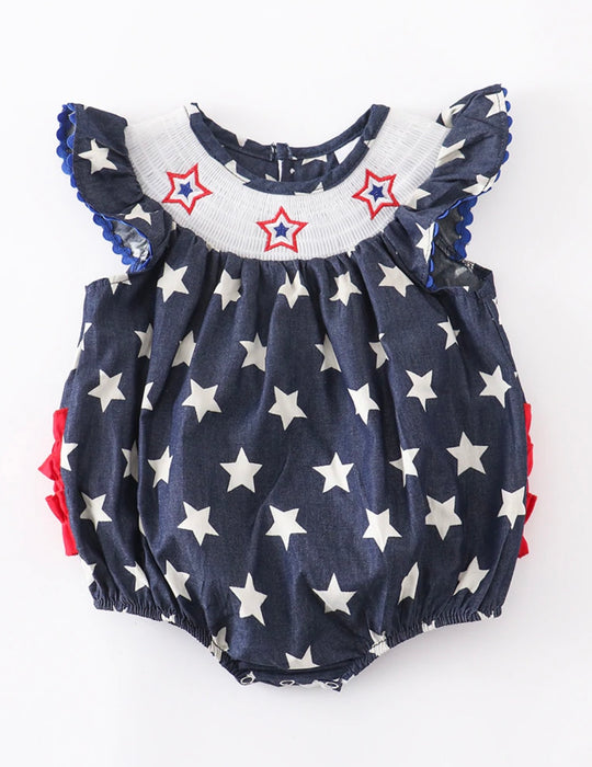Blue stars Smocked embroidery romper