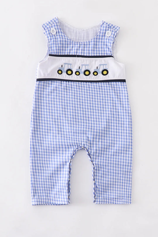 Blue tractor embroidered Jon Jon  romper