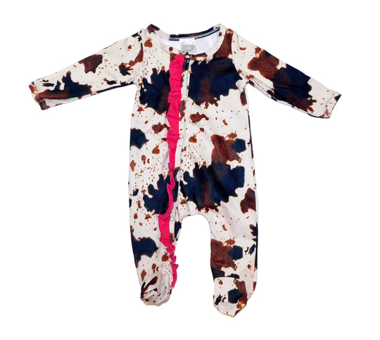 Cow footie sleeper with hot pink ruffle