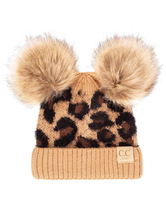 CC BABY latte leopard double pom beanie