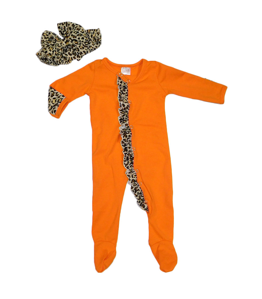 Orange and leopard newborn footie sleeper set
