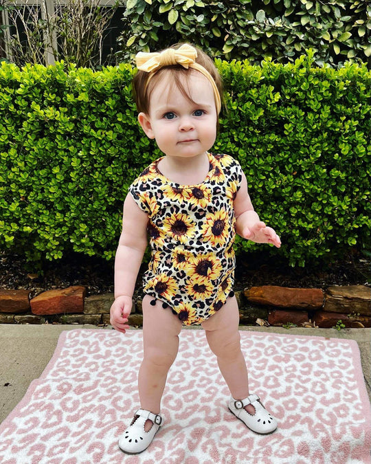 Leopard sunflower pom romper