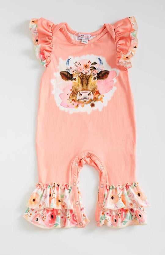 Clover cottage Coral cow romper