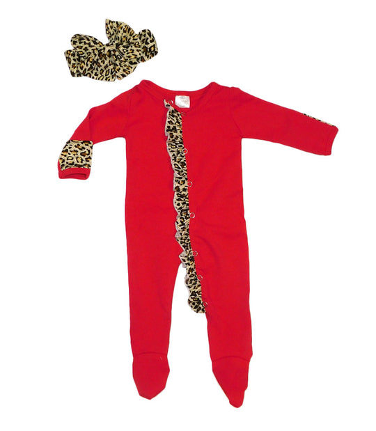 Red and leopard newborn footie sleeper set