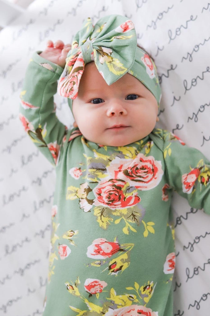 Green Floral Knotted Gown and Headband Set