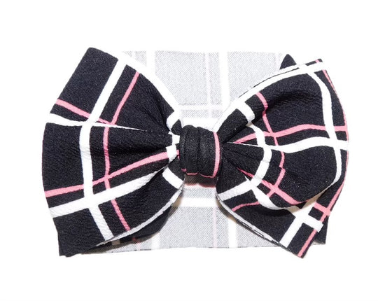 Pink and White Plaid Black Headband Bow