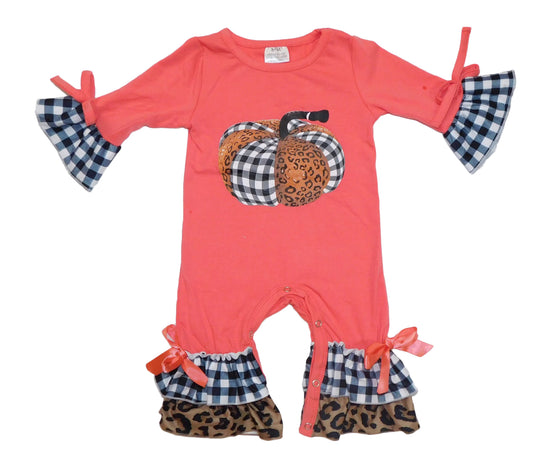 Coral plaid leopard pumpkin romper