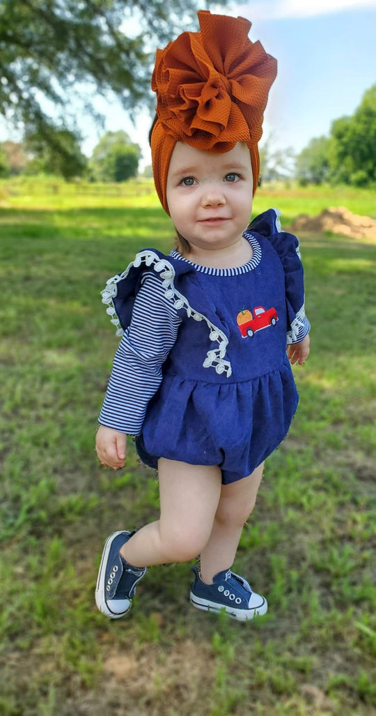 Navy Corduroy pumpkin truck romper