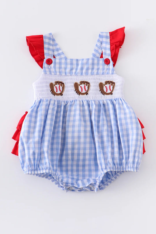 Blue plaid smocked baseball glove romper