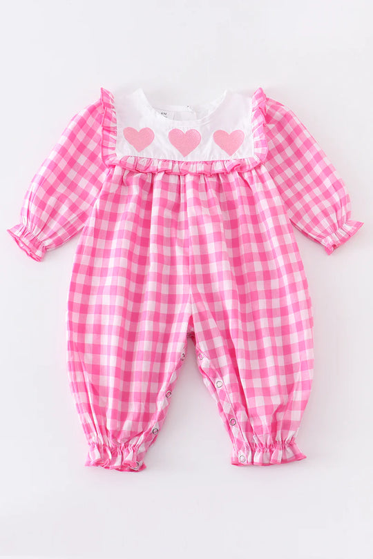Pink plaid heart embroidered romper