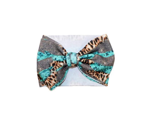 Leopard and Turquoise Brush Strokes Headband Bow