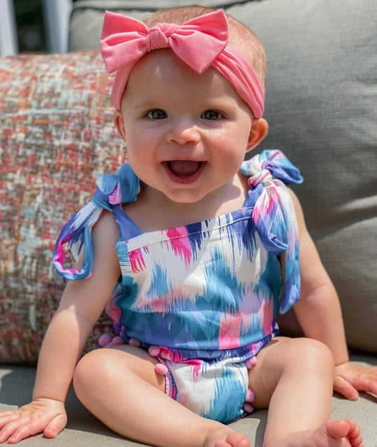 Blue and pink Tie dye pom romper