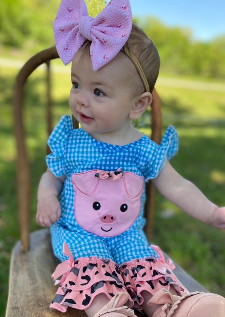 Blue Gingham and Pig Romper