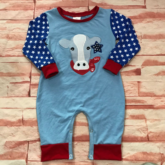 Red white and blue cow romper