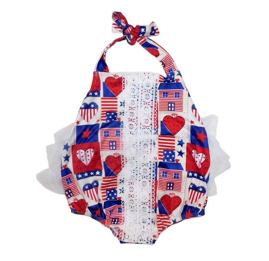 Red white and blue lace heart romper