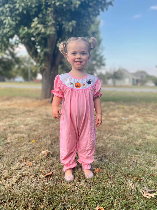 Pink pumpkin spider romper