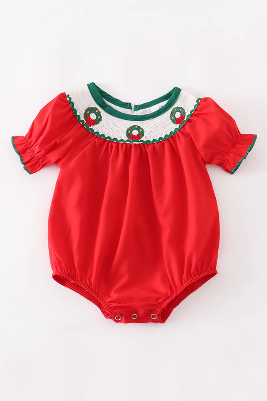 Smocked red Christmas wreath romper