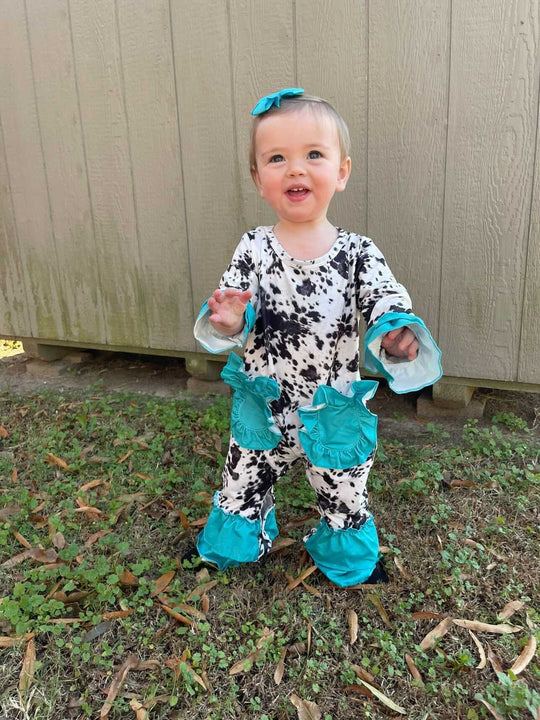 Black Cow and Turquoise romper with pockets
