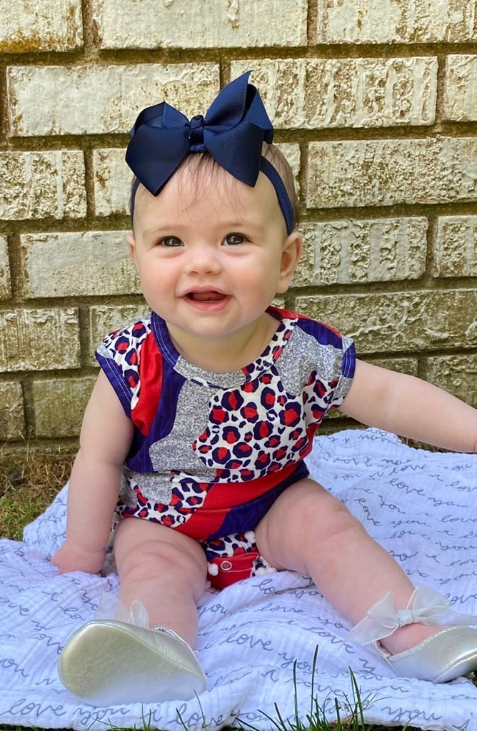 Leopard red white and blue pom romper