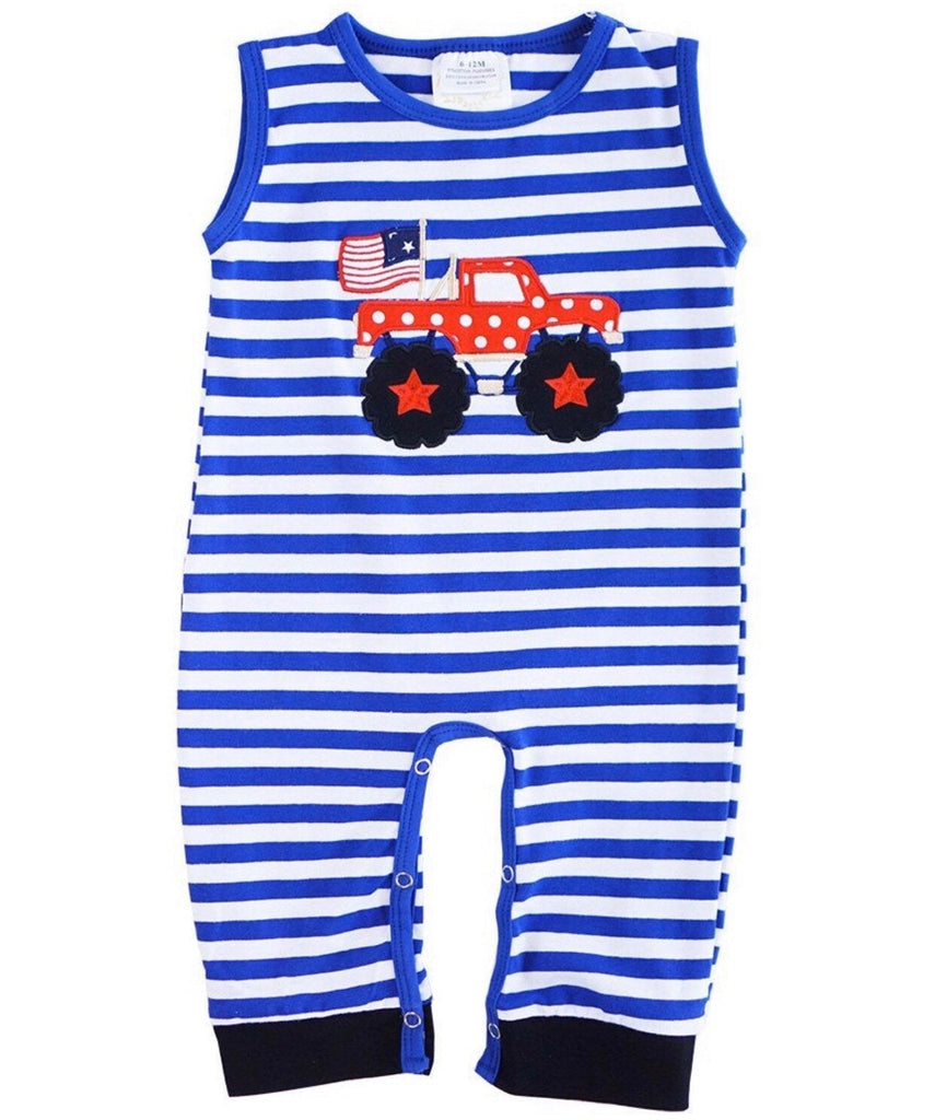 Baby Boy Red White and Blue Stripe Truck Romper