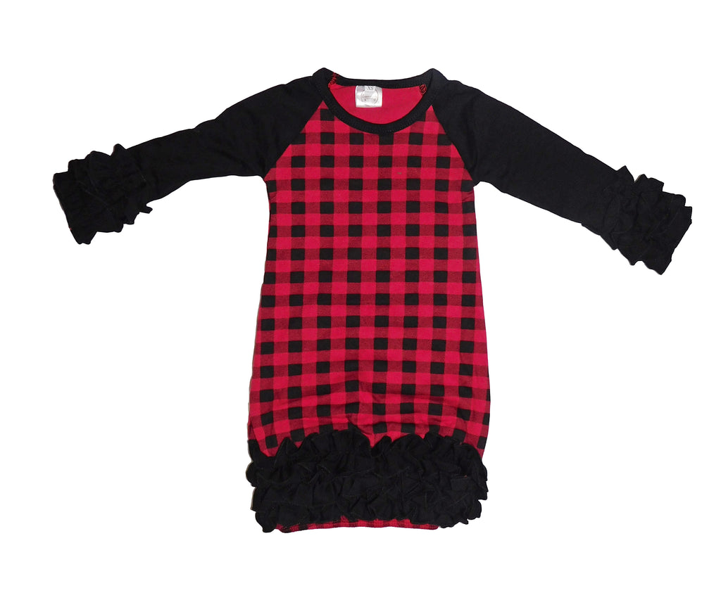 Red buffalo plaid ruffle baby gown