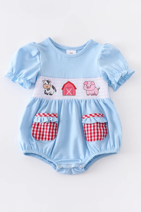 Blue farm smocked girl romper